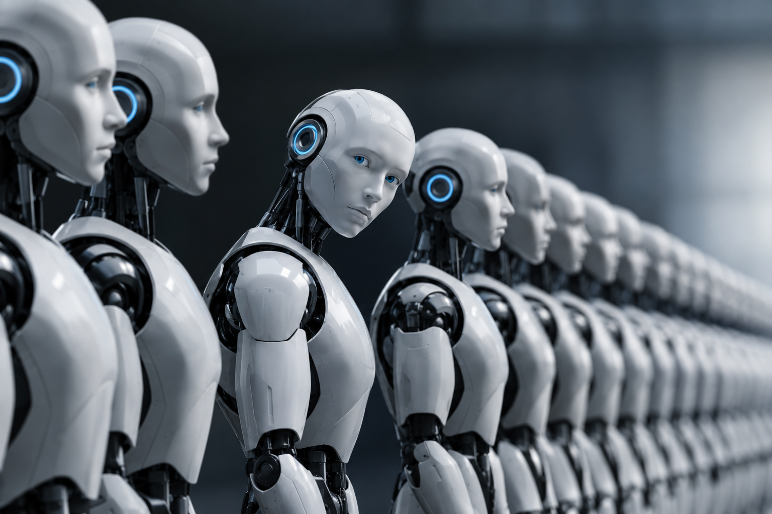Rows of identical humanoid robots standing in formation, one turning to face the camera
